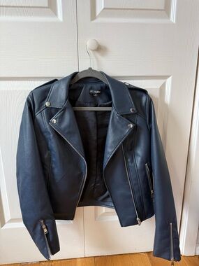 Navy Faux Leather Jacket with Silver Hardware